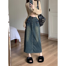 批发实拍大码女装牛仔半身裙女高腰新款复古直筒宽松a字中长款半裙