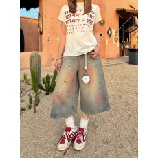 批发大码牛仔短裤女夏季美式街头脏染水洗做旧设计百搭宽松<b class='q'>七分</b>裤网图