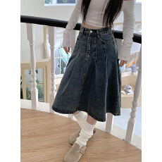 批发实拍半身裙女<b class='q'>长裙</b>新款中长款大摆<b class='q'>牛仔</b>裙百褶高腰显瘦a字垂感伞裙