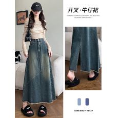 批发复古后开叉牛仔半身裙女早<b class='q'>秋</b>新款大码胖mm显瘦美式遮胯a字中长裙
