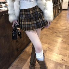 批发美式<b class='q'>复古</b>学院风撞色格子半身裙百搭a字裙女秋冬季气质百褶裙短裙
