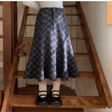 批发长款鱼尾裙毛呢半身裙女士<b class='q'>冬</b>季加厚a字裙2025新款格子长裙包臀裙