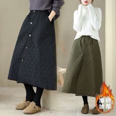 批发实拍 韩版不规则纽扣夹棉<b class='q'>半身裙</b>中长款A字裙洋气设计感菱格棉裙子