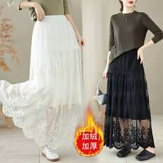 批发实拍新中式国风加绒加厚蕾丝<b class='q'>半身裙</b>2025秋冬新款高腰气质宽松长裙