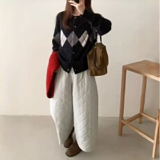 批发非实拍 韩国菱格夹棉加厚九分<b class='q'>阔腿裤</b><b class='q'>女</b>松紧腰宽松显瘦百搭棉<b class='q'>裤</b>子
