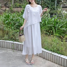 批发2026夏季新款法式温柔风时尚休闲气质百搭宽松显瘦五分袖长裙 女