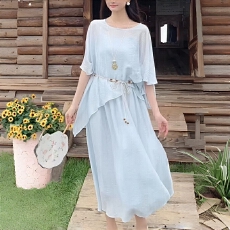 批发2026夏季新款时尚<b class='q'>休闲</b>气质百搭宽松显瘦高腰半身裙圆领<b class='q'>套装</b>长裙女