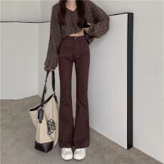 批发辣妹弹力微喇叭<b class='q'>牛仔裤</b>女学生复古高腰修身显瘦长裤子