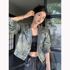 批发复古西装领<b class='q'>牛仔</b>外套女2025春秋设计感小个子短款显瘦休闲夹克上衣