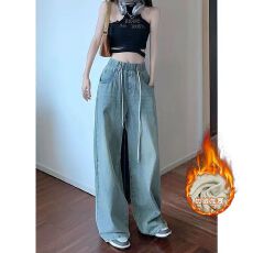 批发复古松紧腰抽绳<b class='q'>牛仔裤</b>女冬季新款加绒高腰显瘦学生直筒阔腿拖地裤