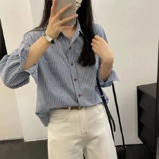 批发小个子条纹衬衫百搭2025新款显瘦休闲衬衣宽松春<b class='q'>秋</b>季复古长袖上衣