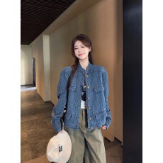 批发高级感气质小香风牛仔外套女秋季短款小众设计感立领蓝色夹克上衣