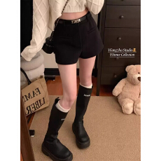 批发毛呢休闲短裤女秋冬配皮带高腰A字阔腿呢子外穿靴裤子