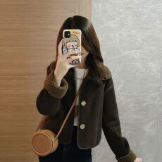 批发新款上新女装咖色翻领皮毛一体加绒加厚短款羊羔毛外套女<b class='q'>冬</b>季