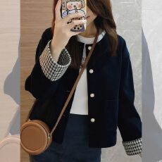 批发2026春秋季新款高级气质复古格子拼接夹克灯芯绒藏蓝色外套秋<b class='q'>冬</b>