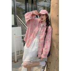 批发韩系温柔粉色<b class='q'>格子</b>长袖<b class='q'>衬衫女</b>2026春新款学院慵懒风格纹衬衣外套