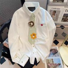 批发韩系可爱撞色小熊领带长袖<b class='q'>衬衫</b>男女春秋季宽松学院风情侣上衣外套