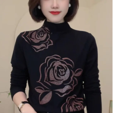 批发秋冬新款时尚玫瑰烫钻半高领德绒长袖保暖衫遮肚中老年<b class='q'>妈妈</b>上衣女