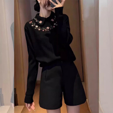批发花朵刺绣黑色打底长袖<b class='q'>T</b><b class='q'>恤</b>女2026新款冬季翻领可外穿内搭减龄上衣