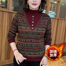 批发秋冬季加绒半高领条纹烫钻保暖显瘦洋气<b class='q'>妈妈</b>装减龄显瘦长袖上衣女