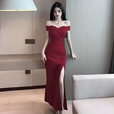 批发高级感一字肩晚礼服修身气质连衣<b class='q'>裙</b>女新款法式小众生日宴会礼服<b class='q'>裙</b>