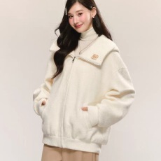 批发小香风白色圈圈毛外套<b class='q'>甜美</b>少女感学院风大翻领连帽长袖上衣