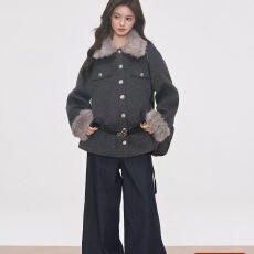 批发收腰女士毛呢外套新款