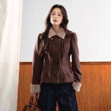 7S原创设计法式复古毛绒翻边短外套捏褶泡泡肩翻领上衣女