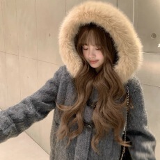 批发【大毛领毛呢外套】加厚牛角扣连帽羊毛大衣女冬季