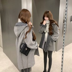 批发格雷叙事波点连帽毛呢外套女秋冬款宽松羊毛大衣