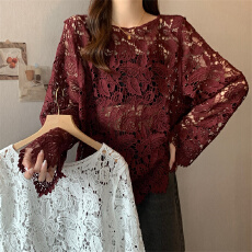 批发实拍实价安可拉红色钩花镂空蕾丝衫长袖女早<b class='q'>秋</b>高级感外搭罩衫上衣