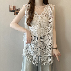 批发实拍实价 钩花镂空针织开衫马甲背心女2026夏季新款叠穿流苏上衣