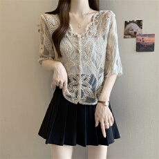 批发实拍实价 钩花镂空衬衫女夏季设计感薄款短袖上衣