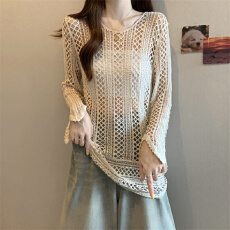 批发实拍实价钩花镂空新款针织开衫女春季波西米亚度假风长袖上衣罩衫