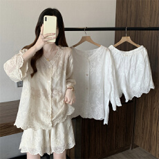 批发实拍实价 超好看漂亮<b class='q'>蕾丝</b>刺绣镂衬衫短裤套装女夏季薄款宽松外搭