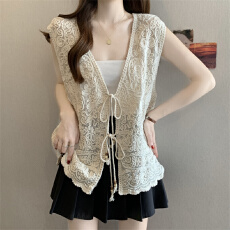批发实拍实价 钩花镂空新款针织<b class='q'>开衫</b>女春季波西米亚度假风马甲上衣潮