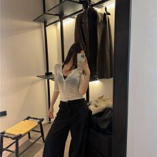 批发莱赛尔罗纹 美式辣妹白色短袖<b class='q'>T</b><b class='q'>恤</b>女夏季半开领修身纯欲薄款上衣