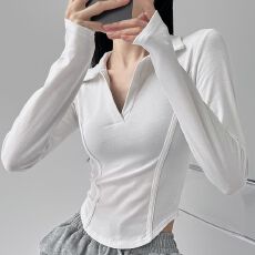 批发260克莫代尔人棉 辣妹风正肩长袖T恤女Polo翻领收腰鱼骨显瘦上衣