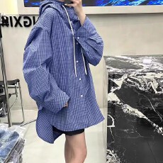 批发2025秋季新款休闲百搭格<b class='q'>子</b>连帽衬衫外套宽松防风上衣中长款