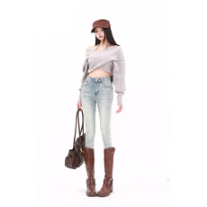 实拍 封神系列清新浅蓝色磨毛牛仔裤2026韩国版弹力加绒小脚靴裤