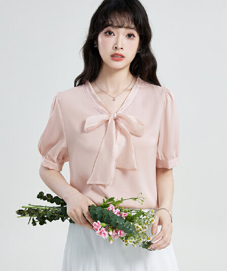 2026 실사 새로운 나비 매듭 여성 셔츠 프랑스식 거품 소매 작은 키 면접 새틴 반팔 셔츠