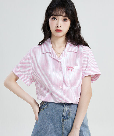 실사 2026 레트로 스트라이프 배색 나비 매듭 자수 루즈핏 다용도 여성 셔츠 여름 새로운