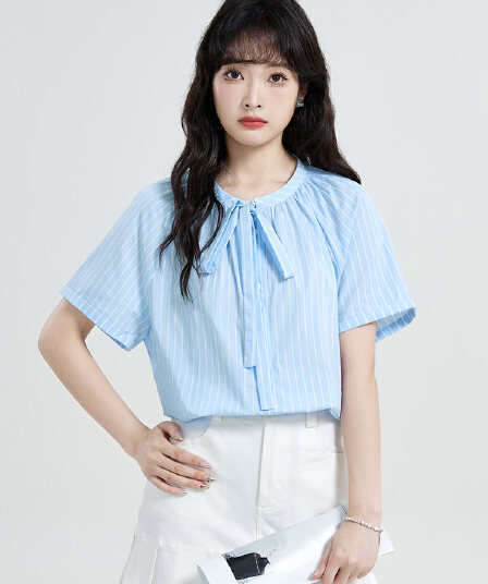 실사 2026 여성 셔츠 여름 새로운 프랑스식 라운드 넥 나비 매듭 삽입 어깨 소매 셔츠 맨위