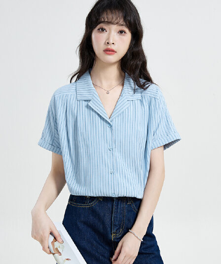 실사 프랑스식 스트라이프 정장 칼라 반팔 여성 셔츠 여름 섹션 디자인 센스 작은 대중 루즈핏 셔츠 출퇴근 맨위