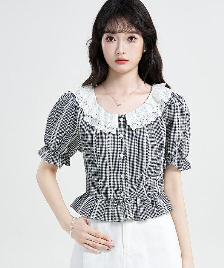 실사 베이비 칼라 면 린넨 격자 무늬 셔츠 여성용 짧은 소매 여름 새로운 이중층 레이스 홀로우 아웃 자수 쇼트 스타일 맨위