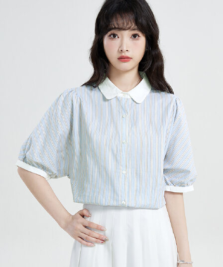 실사 레트로 스트라이프 셔츠 2026 새로운 배색 폴로 칼라 맨위 작은 키 반팔 여름 miu 바람