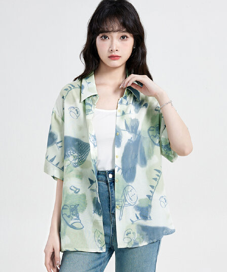 실사 꽃무늬 반팔 셔츠 여성 여름 새로운 디자인 센스 작은 대중 얇은 POLO 칼라 셔츠 Chic 프랑스식 맨위 트렌디