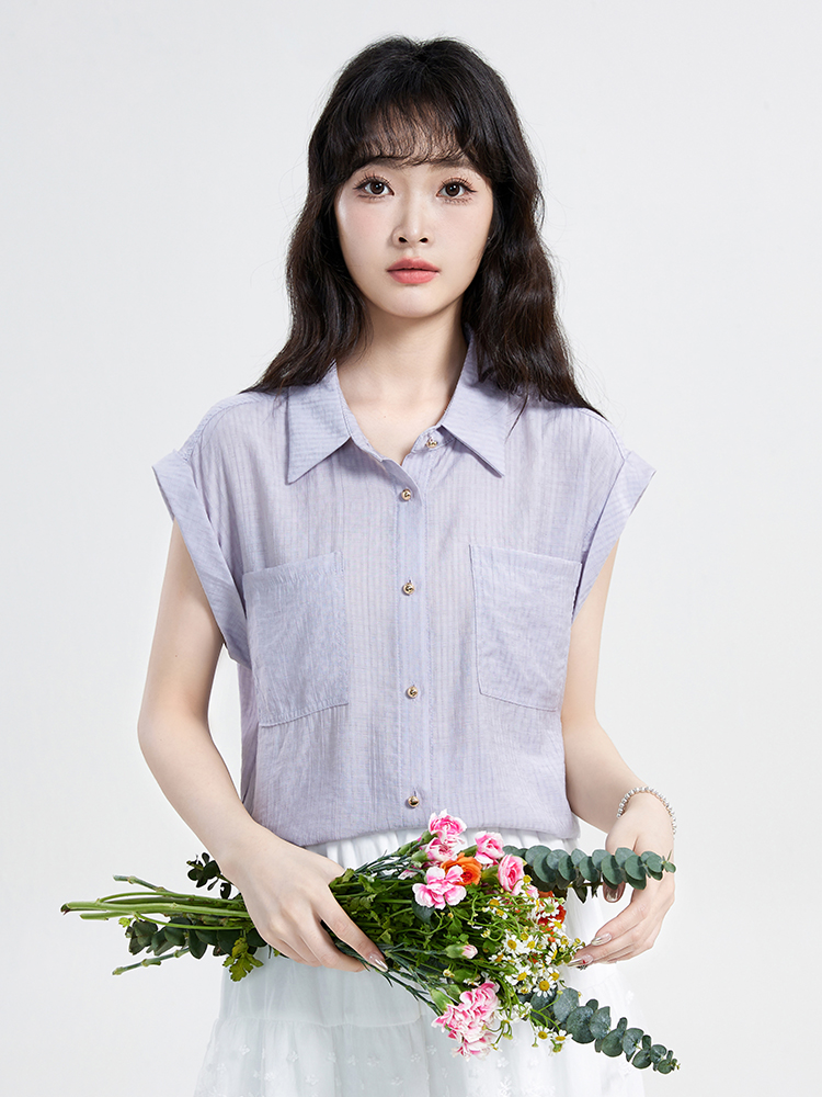 실사 2026 년 보라색 품격 출퇴근 민소매 여성 셔츠 여름 프랑스식 부드러운 느긋한 바람 루즈핏 맨위