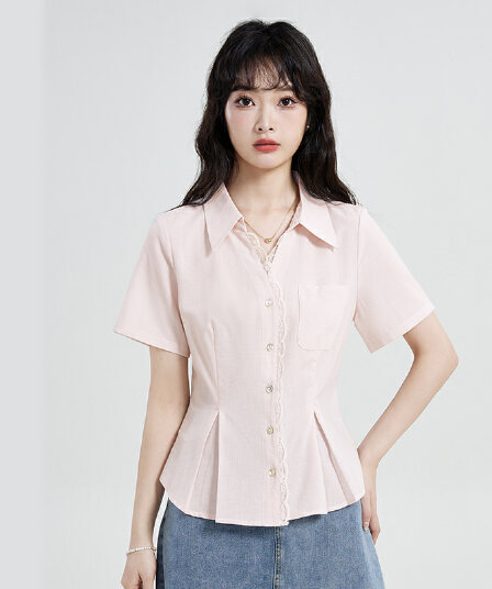 실사 2026 새로운 핑크색 프랑스식 레이스 패치워크 셔츠 허리 수축 슬림해 보이는 반팔 셔츠