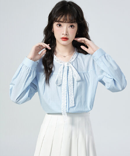 실사 가을 새로운 마이너스 칼라 레이스 레이스업 디자인 싱글 줄 버튼 루즈핏 긴팔 여성 셔츠 다용도 맨위